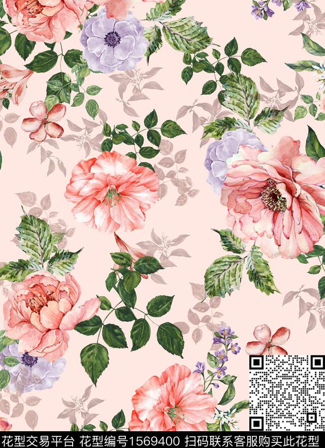花卉米色底数码印花华亿平台下载（图片编号: 1569400） - 瓦栏（Walan）
