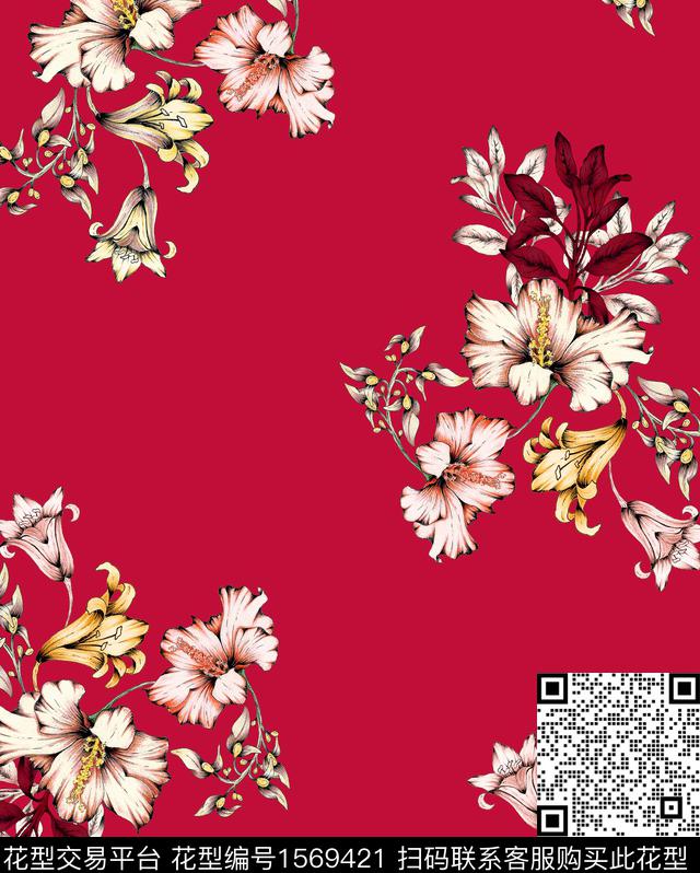 花卉大红底数码印花华亿平台下载（图片编号: 1569421） - 瓦栏（Walan）