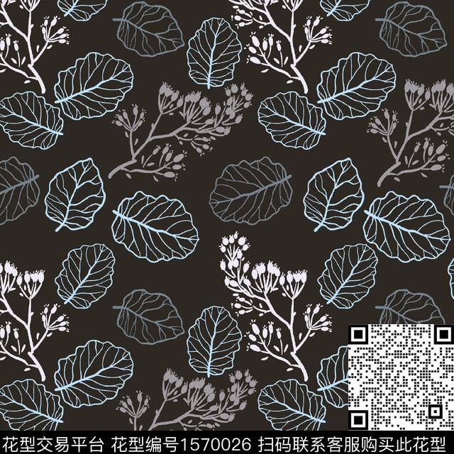 线条画花卉绿植树叶数码印花华亿平台下载（图片编号: 1570026） - 瓦栏（Walan）