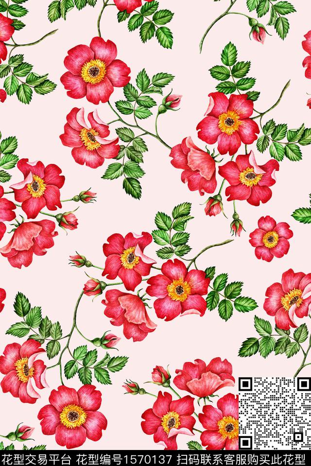 花卉清爽底花卉手绘花卉数码印花华亿平台下载（图片编号: 1570137） - 瓦栏（Walan）