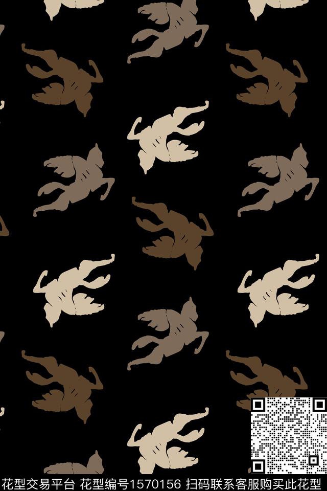 飞马黑底休闲数码印花华亿平台下载（图片编号: 1570156） - 瓦栏（Walan）