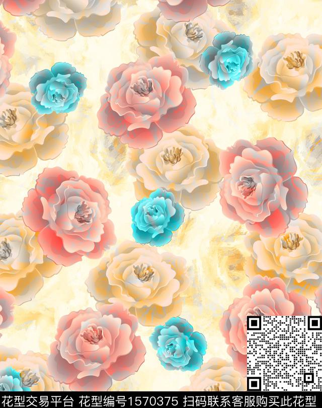 风格化花卉满版散花数码印花华亿平台下载（图片编号: 1570375） - 瓦栏（Walan）