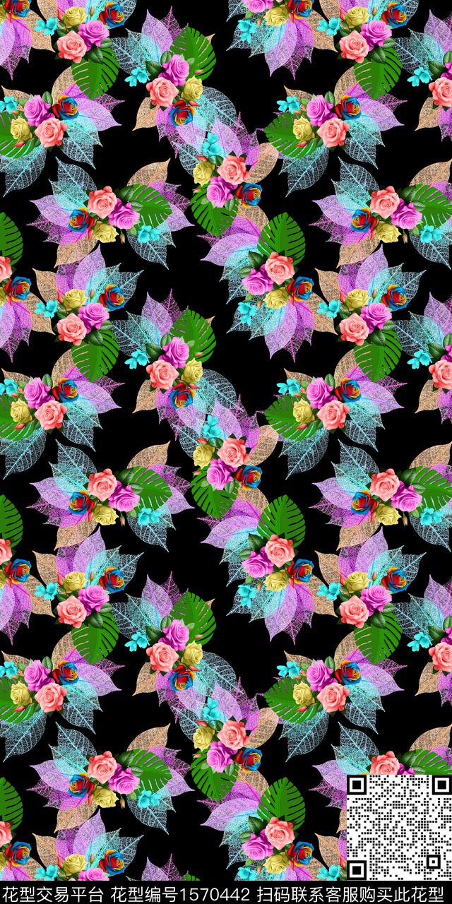 花卉黑底花卉中老年女装数码印花华亿平台下载（图片编号: 1570442） - 瓦栏（Walan）