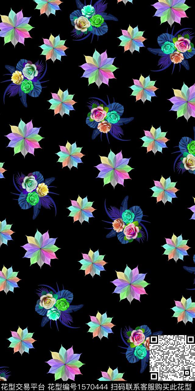 花卉黑底花卉中老年女装数码印花华亿平台下载（图片编号: 1570444） - 瓦栏（Walan）