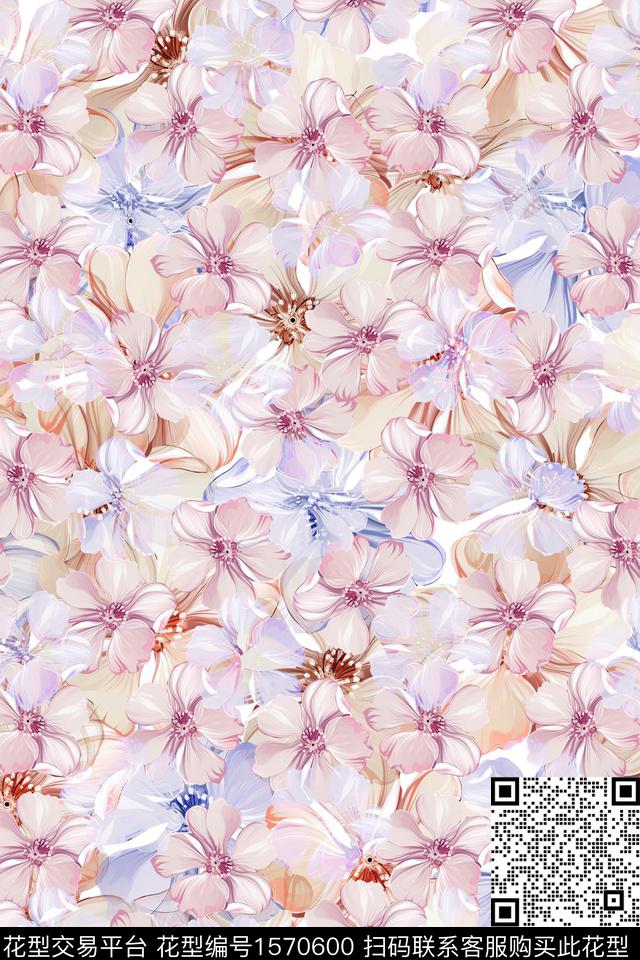 花卉满版散花叠加数码印花华亿平台下载（图片编号: 1570600） - 瓦栏（Walan）