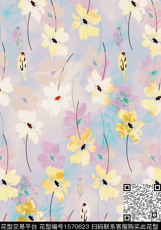 花卉水彩花卉底纹数码印花华亿平台下载（图片编号: 1570623） - 瓦栏（Walan）
