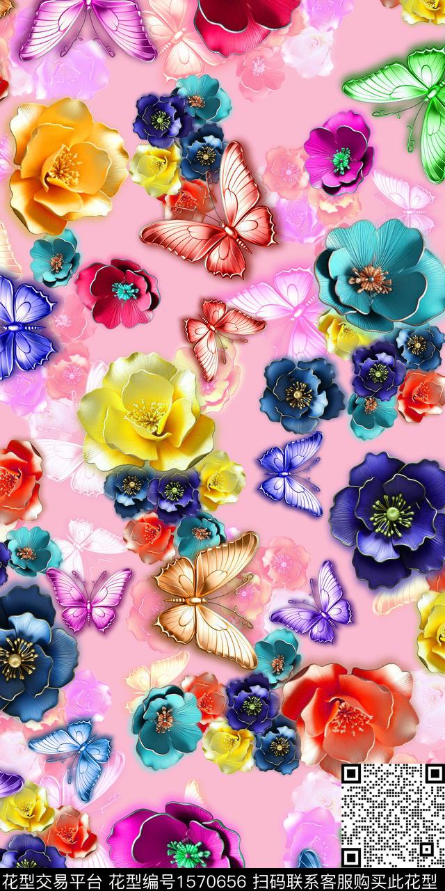 花卉立体花卉蝴蝶数码印花华亿平台下载（图片编号: 1570656） - 瓦栏（Walan）