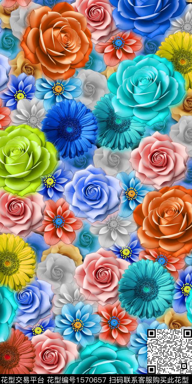 花卉满版散花中老年女装数码印花华亿平台下载（图片编号: 1570657） - 瓦栏（Walan）