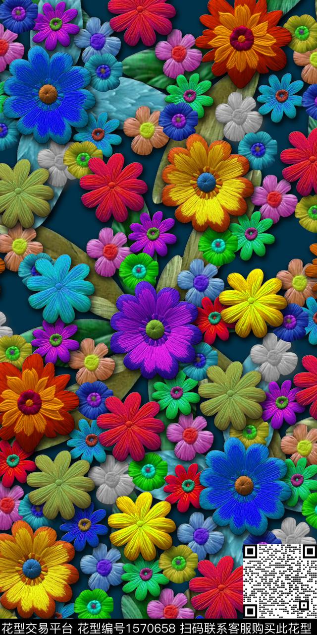花卉满版散花仿刺绣数码印花华亿平台下载（图片编号: 1570658） - 瓦栏（Walan）