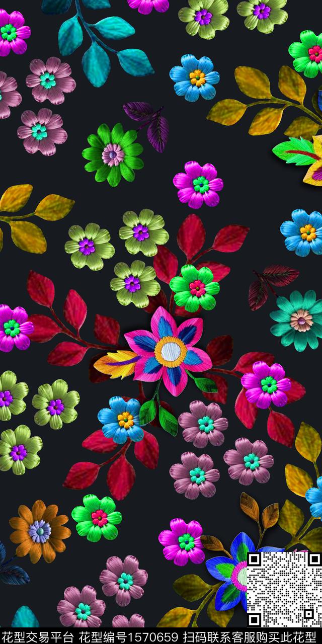 花卉黑底花卉仿刺绣数码印花华亿平台下载（图片编号: 1570659） - 瓦栏（Walan）