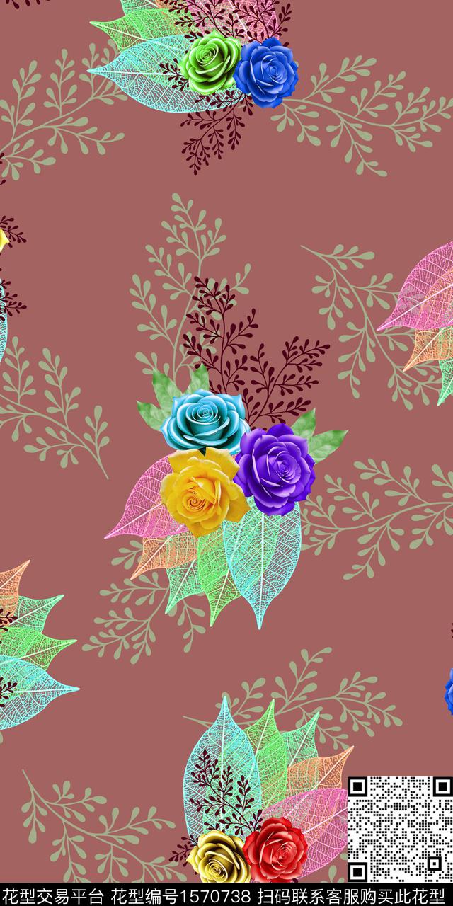 花卉叶子炫彩数码印花华亿平台下载（图片编号: 1570738） - 瓦栏（Walan）