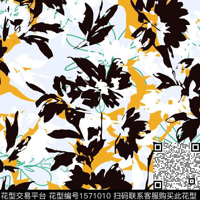 平面花卉剪影数码印花华亿平台下载（图片编号: 1571010） - 瓦栏（Walan）