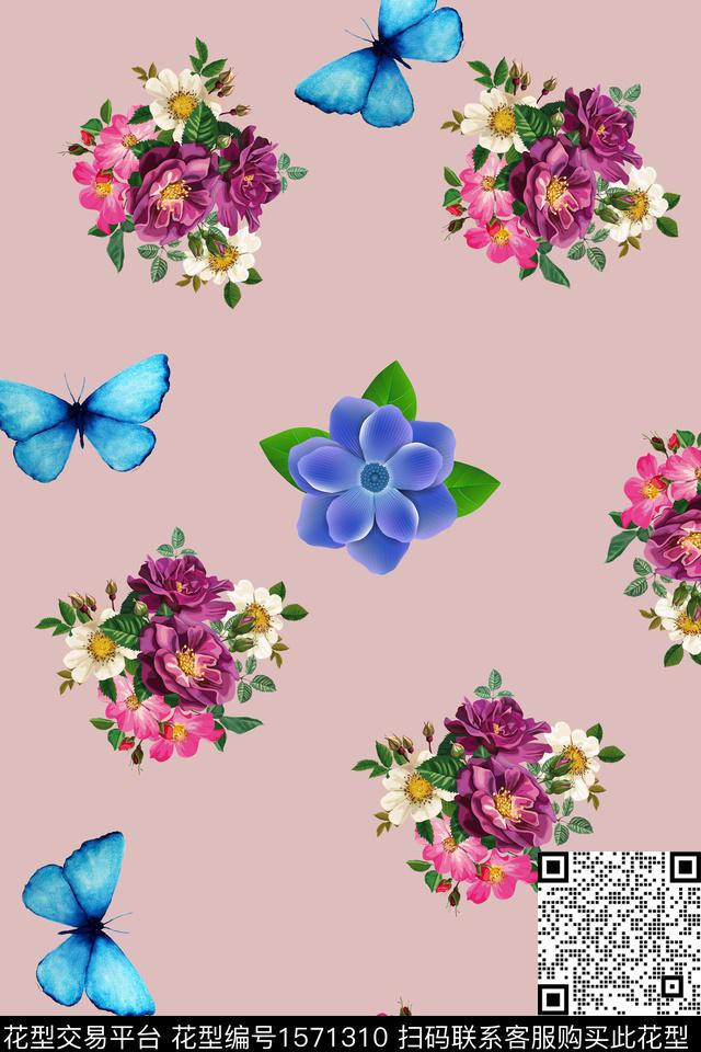 花卉蝴蝶数码印花华亿平台下载（图片编号: 1571310） - 瓦栏（Walan）