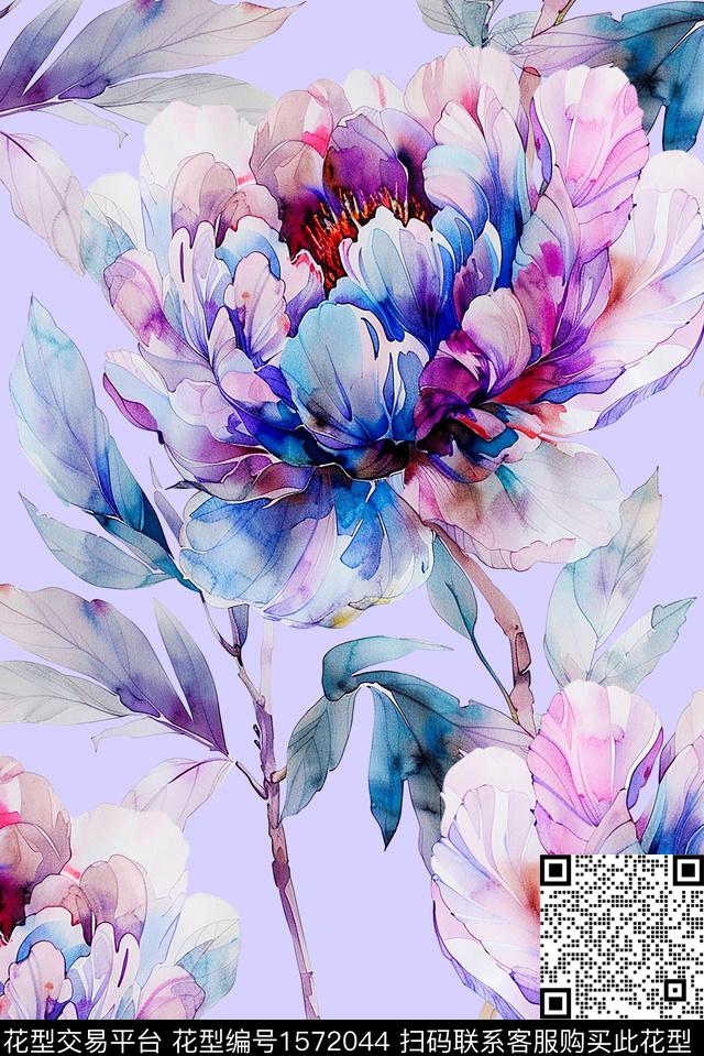 真丝时尚水彩花卉数码印花华亿平台下载（图片编号: 1572044） - 瓦栏（Walan）