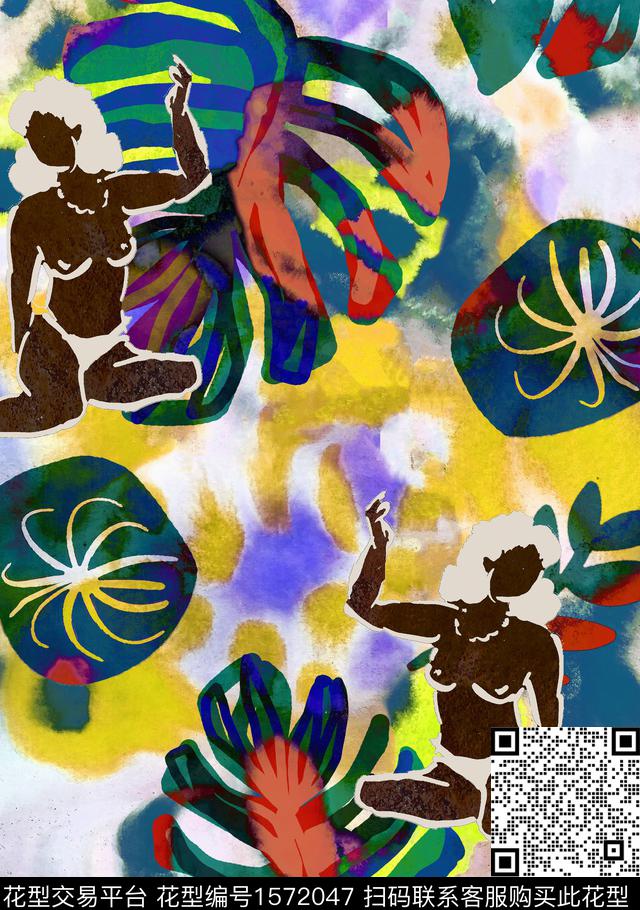 热带人物叶子数码印花华亿平台下载（图片编号: 1572047） - 瓦栏（Walan）