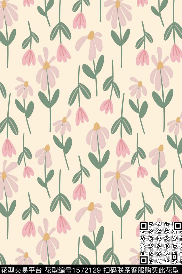 花卉清爽底花卉小雏菊传统印花华亿平台下载（图片编号: 1572129） - 瓦栏（Walan）