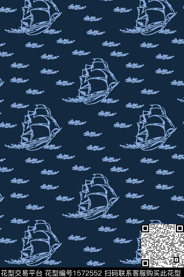 帆船蓝色海洋风传统印花华亿平台下载（图片编号: 1572552） - 瓦栏（Walan）