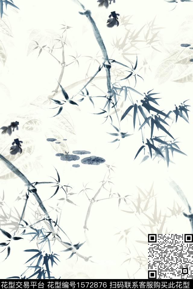 中国风金鱼竹叶数码印花华亿平台下载（图片编号: 1572876） - 瓦栏（Walan）