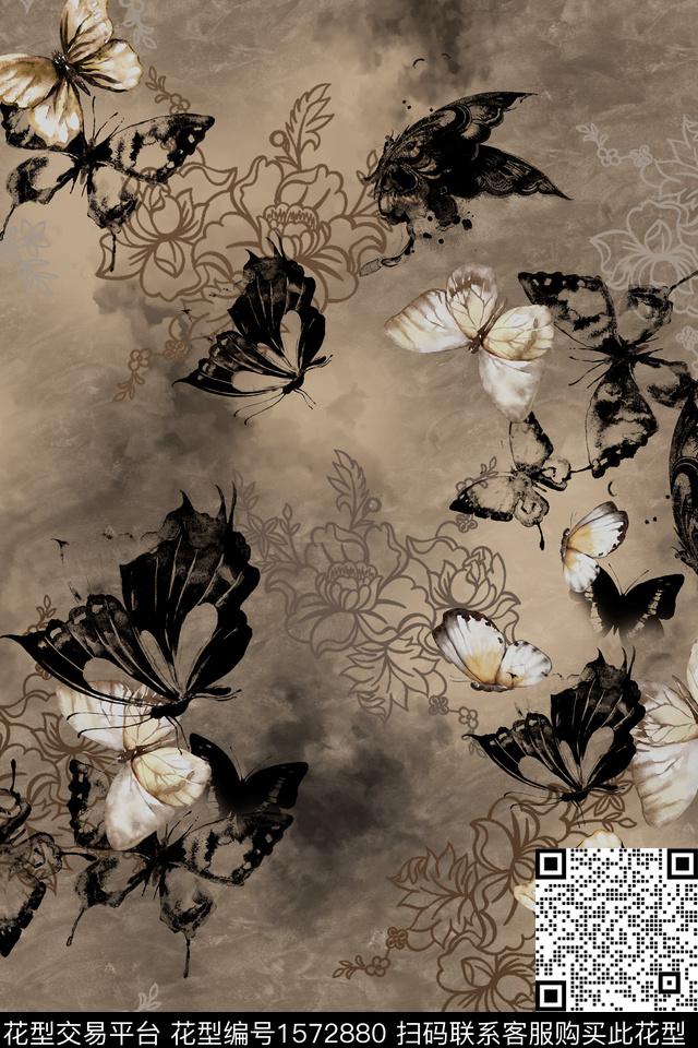 中国风底纹蝴蝶数码印花华亿平台下载（图片编号: 1572880） - 瓦栏（Walan）