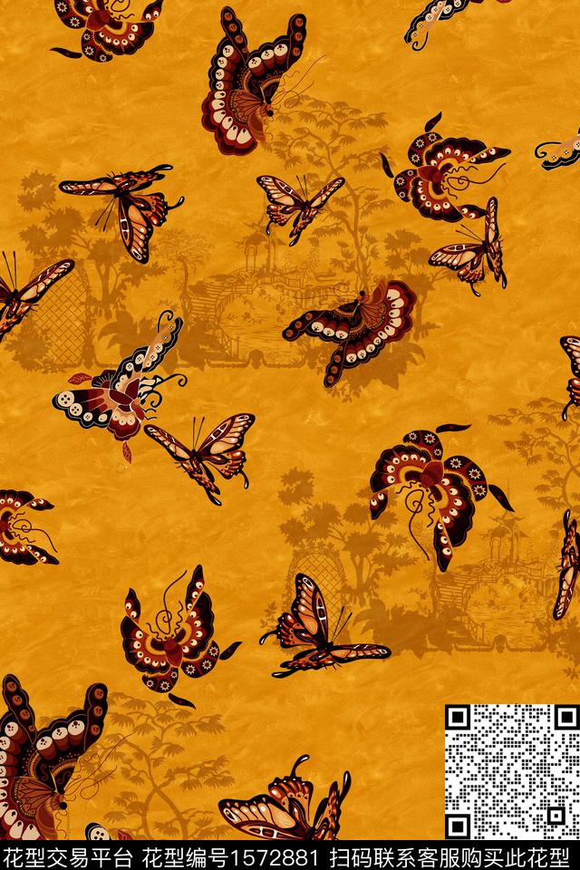 中国风底纹蝴蝶数码印花华亿平台下载（图片编号: 1572881） - 瓦栏（Walan）