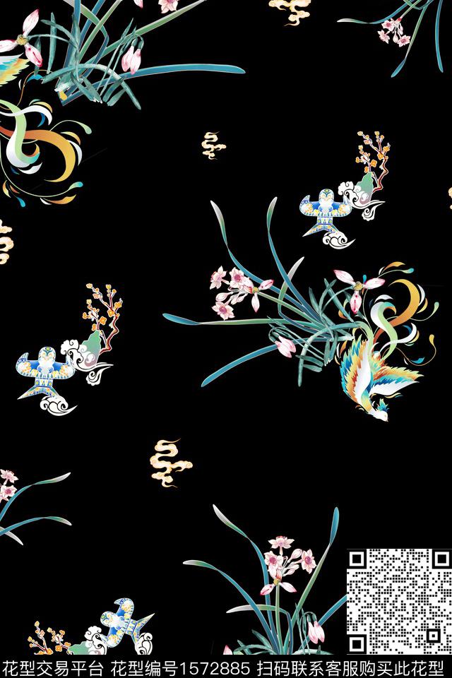 中国风黑底花卉纸鸢数码印花华亿平台下载（图片编号: 1572885） - 瓦栏（Walan）