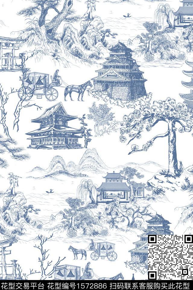 中国风青花伊苏纹数码印花华亿平台下载（图片编号: 1572886） - 瓦栏（Walan）