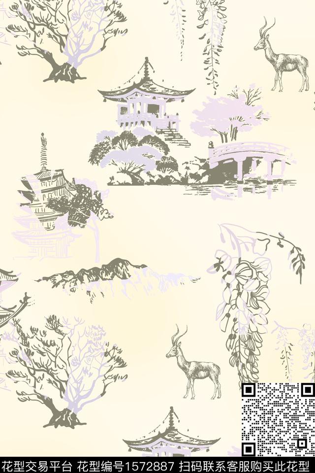 中国风建筑树数码印花华亿平台下载（图片编号: 1572887） - 瓦栏（Walan）