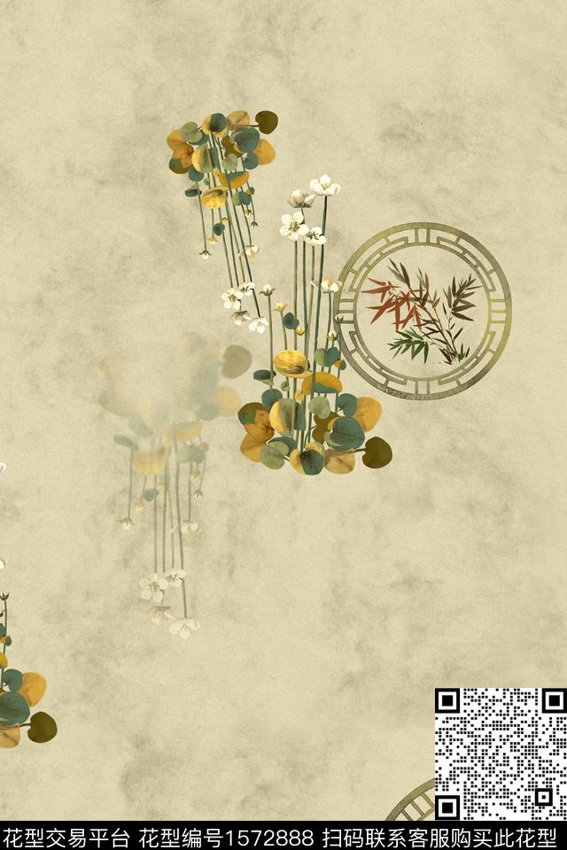 中国风底纹竹叶数码印花华亿平台下载（图片编号: 1572888） - 瓦栏（Walan）