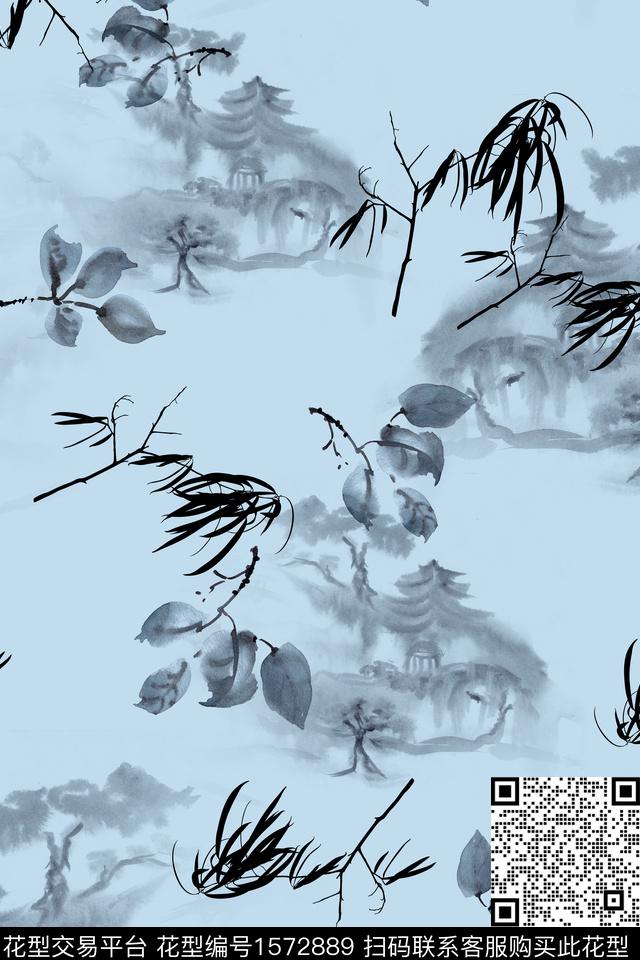 中国风建筑水墨风数码印花华亿平台下载（图片编号: 1572889） - 瓦栏（Walan）