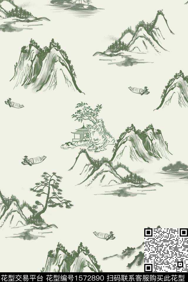 中国风山水帆船数码印花华亿平台下载（图片编号: 1572890） - 瓦栏（Walan）