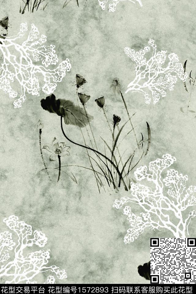 中国风水墨风荷花数码印花华亿平台下载（图片编号: 1572893） - 瓦栏（Walan）