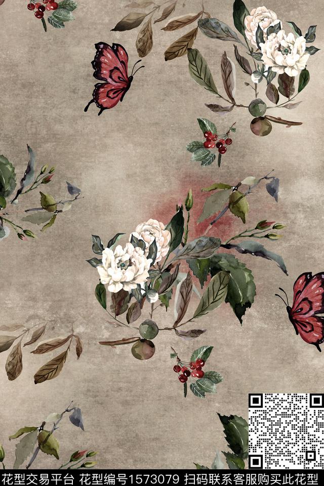 水彩花卉底纹蝴蝶数码印花华亿平台下载（图片编号: 1573079） - 瓦栏（Walan）