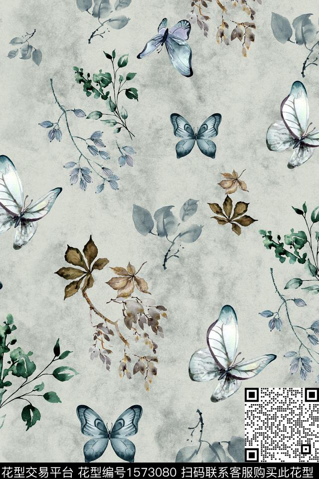 水彩花卉底纹蝴蝶数码印花华亿平台下载（图片编号: 1573080） - 瓦栏（Walan）