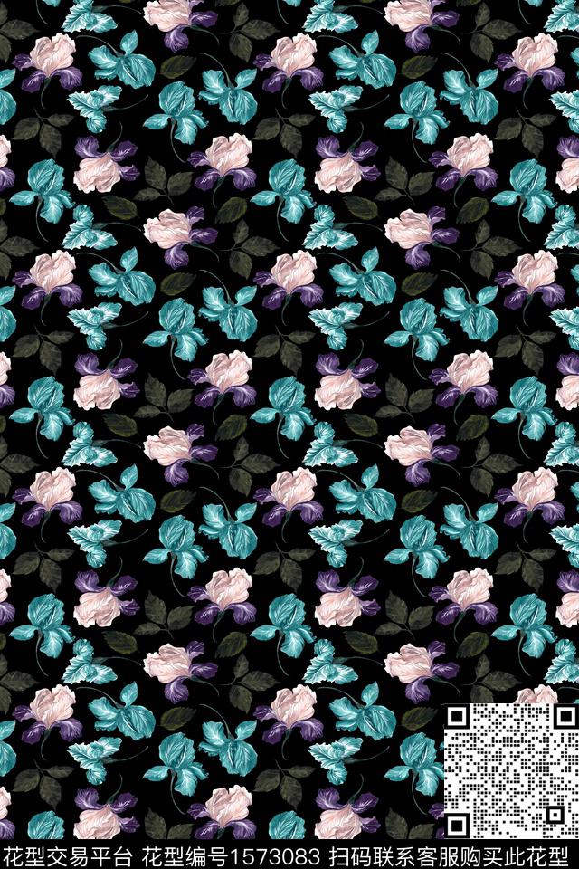 小碎花黑底花卉数码印花华亿平台下载（图片编号: 1573083） - 瓦栏（Walan）