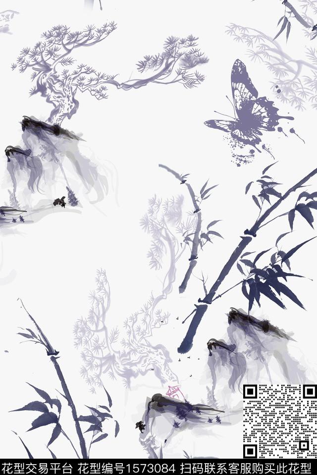 中国风水墨蝴蝶数码印花华亿平台下载（图片编号: 1573084） - 瓦栏（Walan）