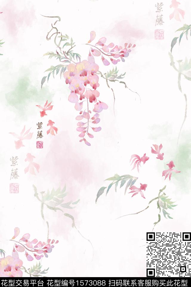 水彩花卉金鱼底纹数码印花华亿平台下载（图片编号: 1573088） - 瓦栏（Walan）