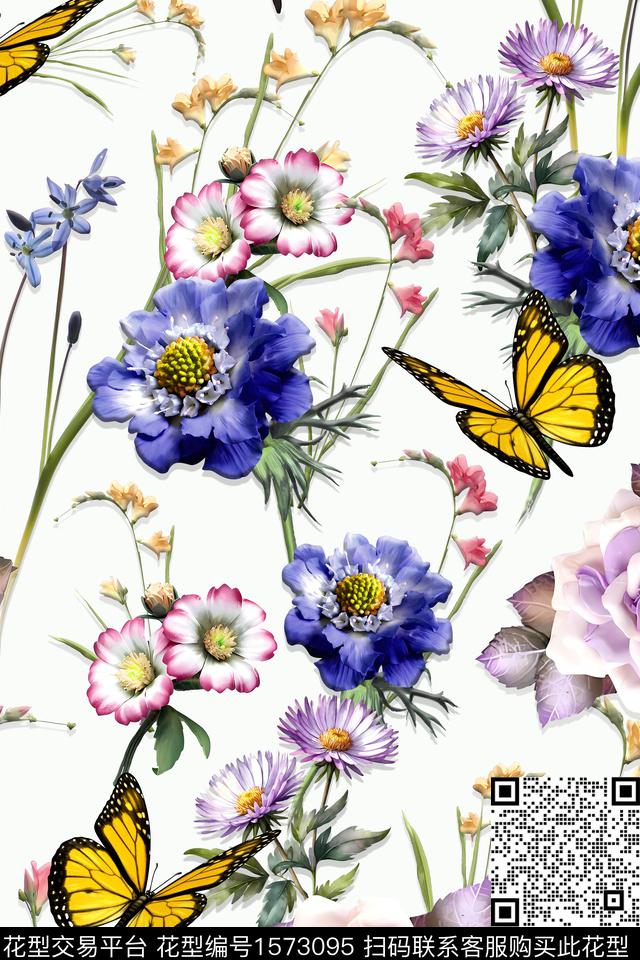 清爽花卉蝴蝶满版散花数码印花华亿平台下载（图片编号: 1573095） - 瓦栏（Walan）