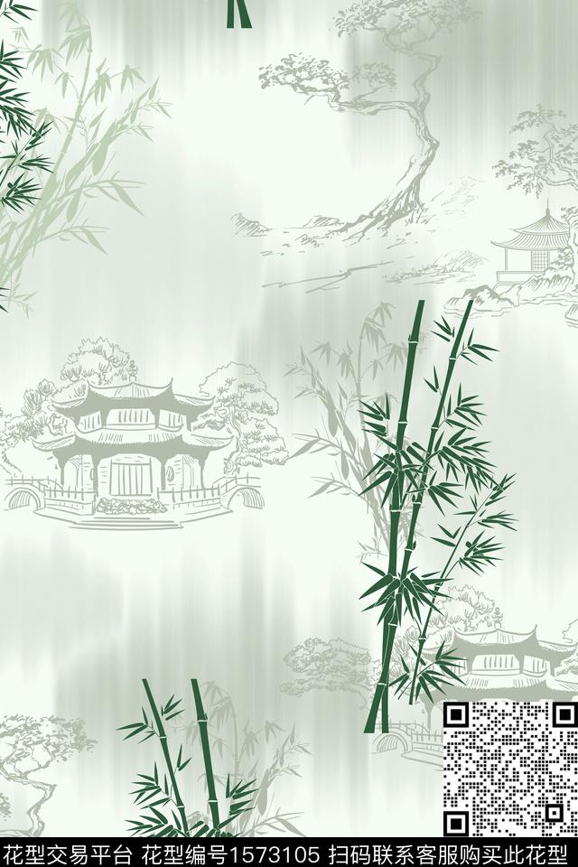 中国风建筑竹子数码印花华亿平台下载（图片编号: 1573105） - 瓦栏（Walan）