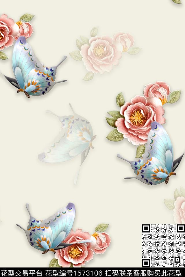 花卉蝴蝶阴影数码印花华亿平台下载（图片编号: 1573106） - 瓦栏（Walan）