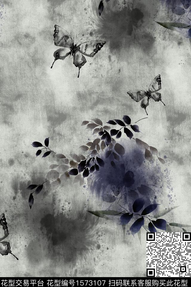 中国风水墨风蝴蝶数码印花华亿平台下载（图片编号: 1573107） - 瓦栏（Walan）