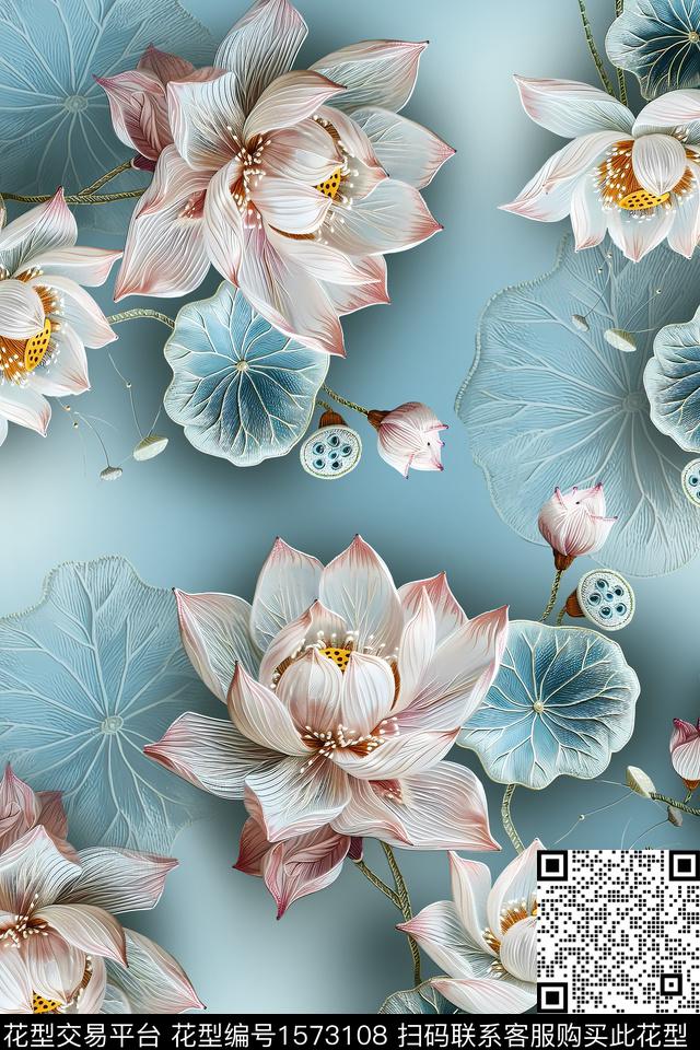 中国风荷花立体花卉数码印花华亿平台下载（图片编号: 1573108） - 瓦栏（Walan）