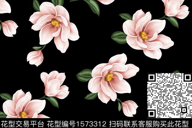 黑底花卉满版散花数码印花华亿平台下载（图片编号: 1573312） - 瓦栏（Walan）
