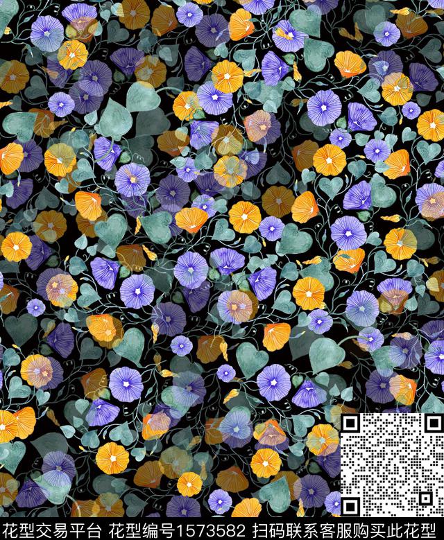小碎花花卉黑底花卉数码印花华亿平台下载（图片编号: 1573582） - 瓦栏（Walan）