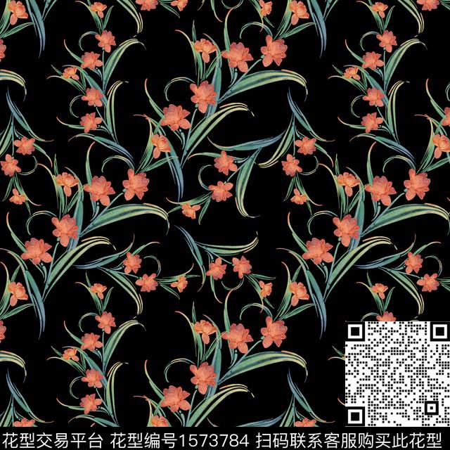 黑底花卉小碎花数码印花华亿平台下载（图片编号: 1573784） - 瓦栏（Walan）