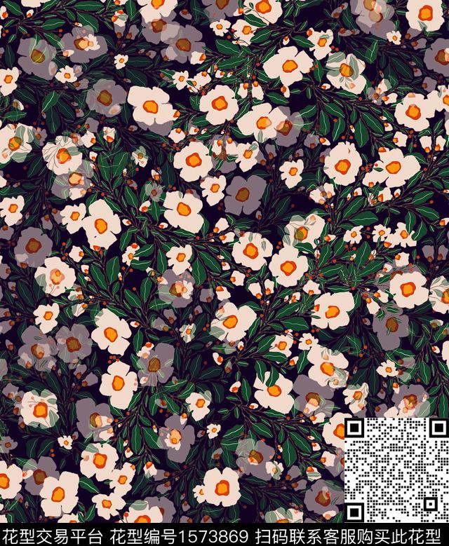 小碎花连衣裙黑底花卉数码印花华亿平台下载（图片编号: 1573869） - 瓦栏（Walan）