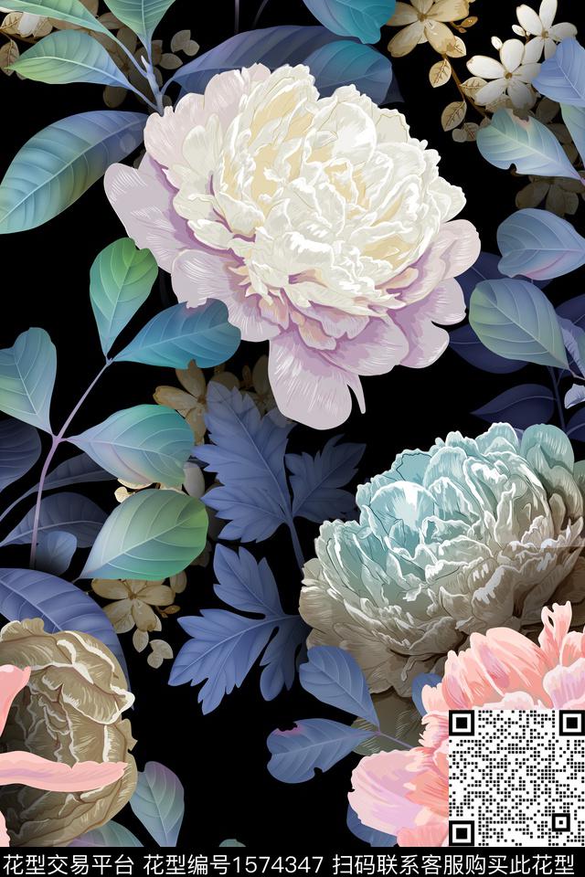 大花黑底花卉花卉数码印花华亿平台下载（图片编号: 1574347） - 瓦栏（Walan）