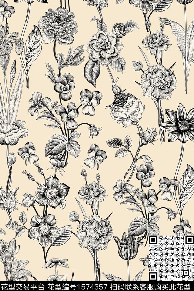 花卉素描线条花卉传统印花华亿平台下载（图片编号: 1574357） - 瓦栏（Walan）