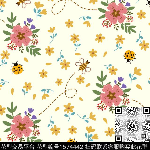 花卉昆虫虚线数码印花华亿平台下载（图片编号: 1574442） - 瓦栏（Walan）