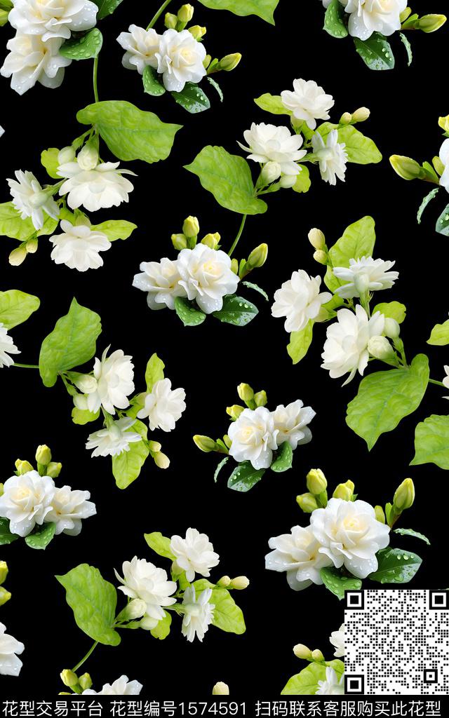 黑底花卉茉莉花写实数码印花华亿平台下载（图片编号: 1574591） - 瓦栏（Walan）