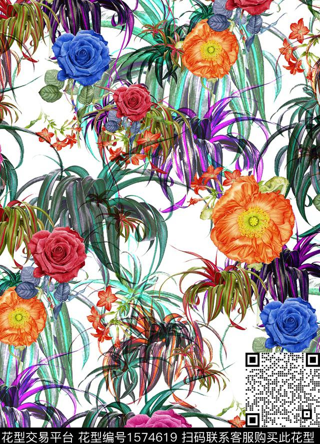 热带华亿平台花卉满版散花数码印花华亿平台下载（图片编号: 1574619） - 瓦栏（Walan）